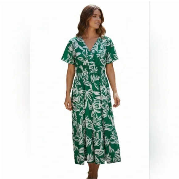Meadow Rhodes Green White Floral Midi Dress smocked short sleeve M - Picture 1 of 7